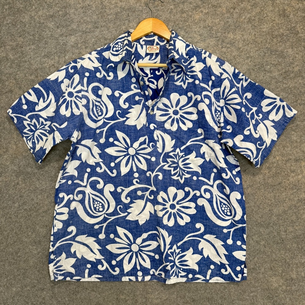 VTG Go Barefoot Papeete Hawaiian Aloha Reverse Shirt Men‎ Large Floral Royal USA